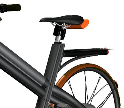 KI lernt e-Radfahren: Pedelec, Mixed-Rahmen, Rendering in schwarz + orange, 2. Teil
