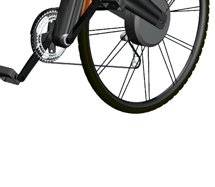 KI lernt e-Radfahren: Pedelec, Mixed-Rahmen, Rendering in schwarz + orange, 4. Teil