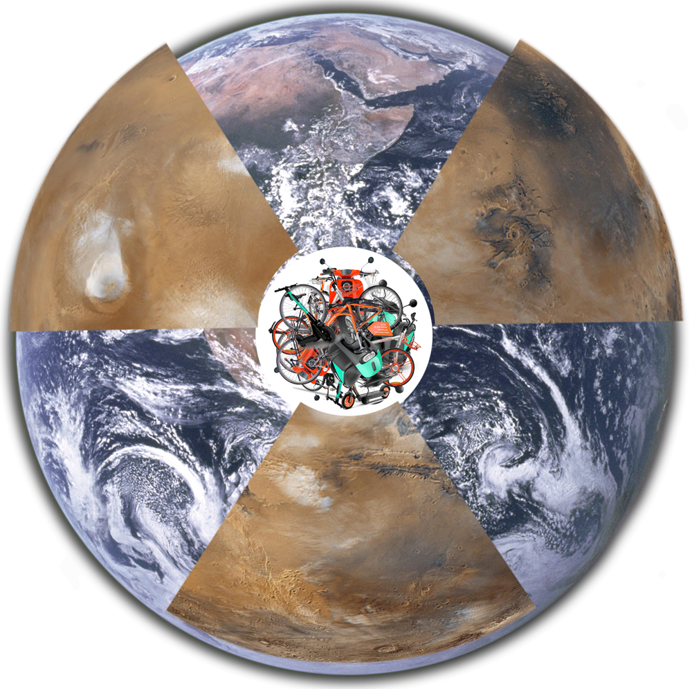 sharing: Fotomontage, die ein Foto vom Mars mit einem der Erde verschneidet. Zentriert ist ein Haufen Vehikel
