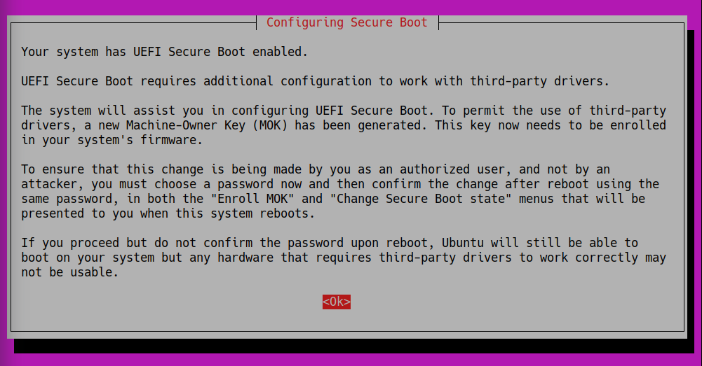 Wireguard - VPN für mutige Lai:innen? Screenshot: Configuring Secure Boot, UEFI enabled